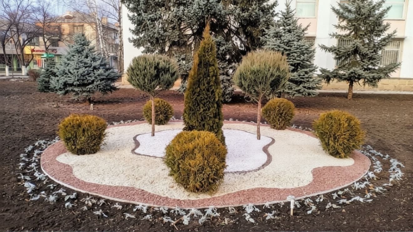 Резиновые гранулы на клумбе